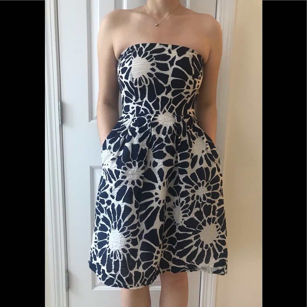 J Crew navy and white floral strapless dress